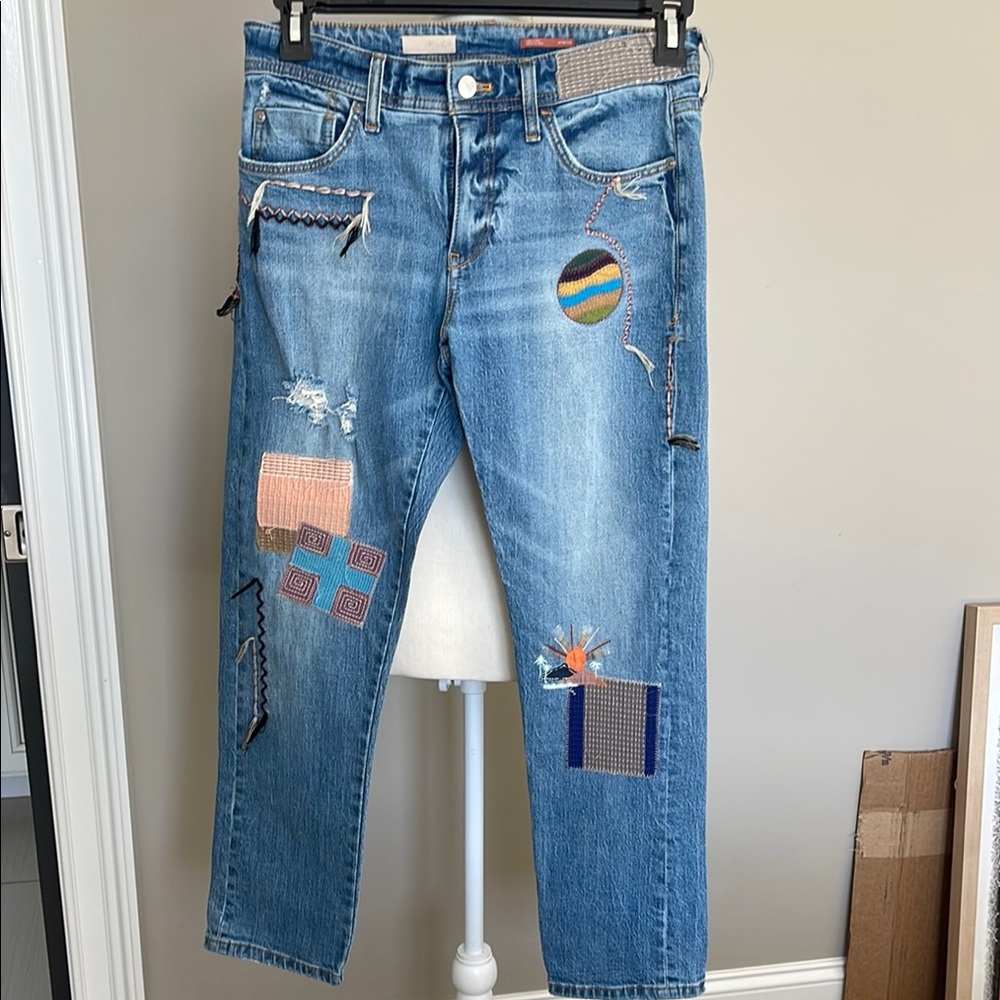 Pilcro Blue Straight Leg Jeans with Distressing and Colorful Patches